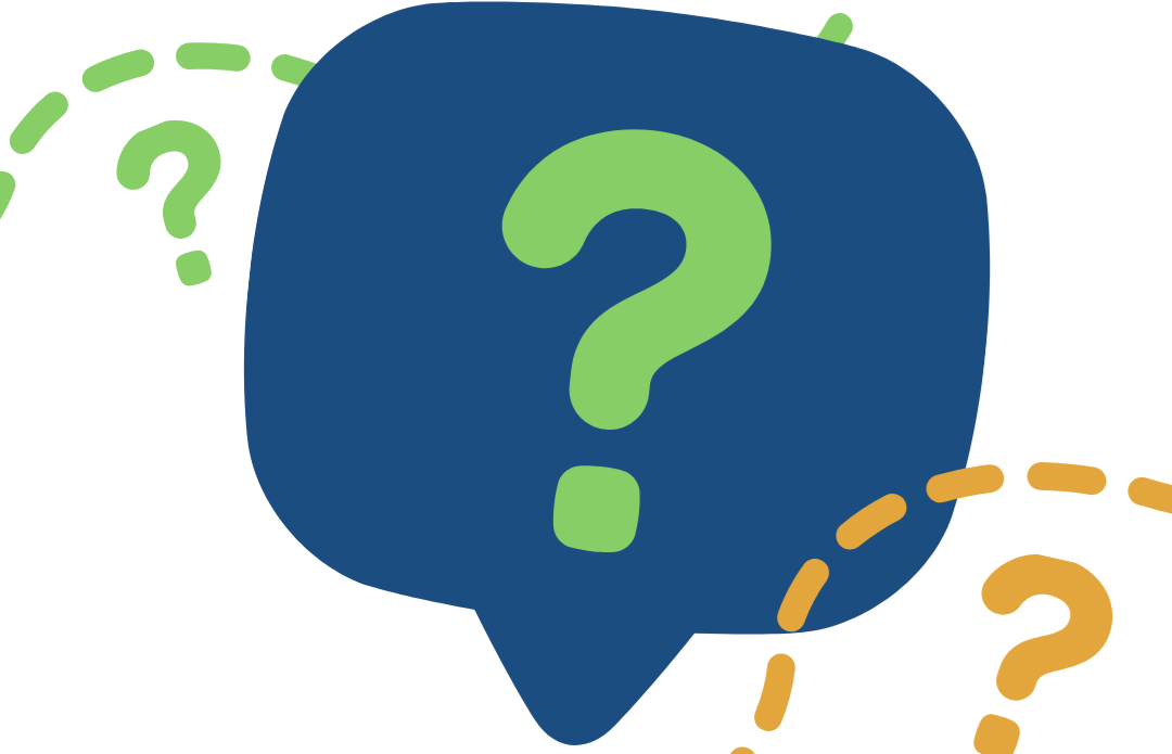 A speech bubble containing a question mark, surrounded by smaller question marks